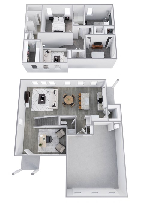 a 3d floor plan and a floor plan with two different views of the house